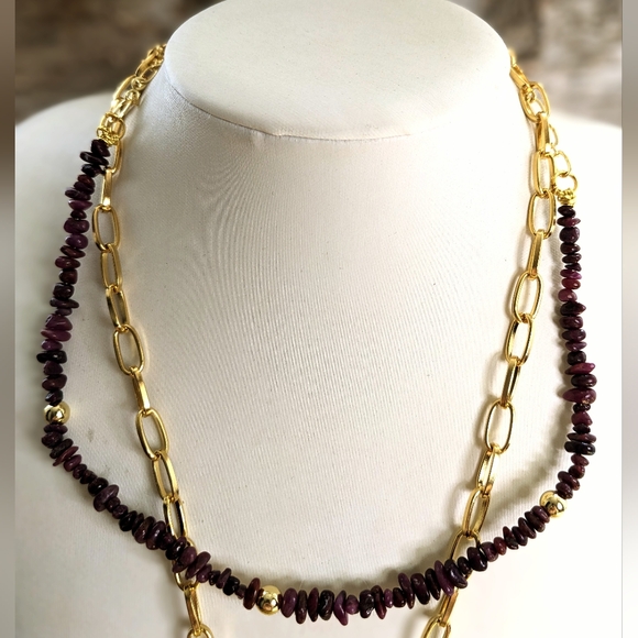 Natural Ruby Chips In 2-Strand Paperclip Necklace W/ Genuine Ruby Pendant - Picture 8 of 12